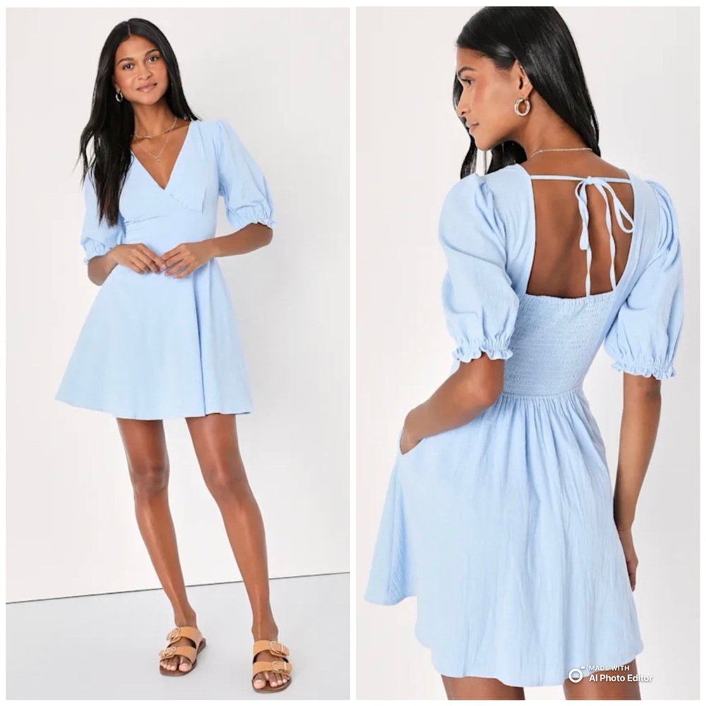 Lulus Large Dreaming of Paris Blue Puff Sleeve Mini Dress With Pockets NWT